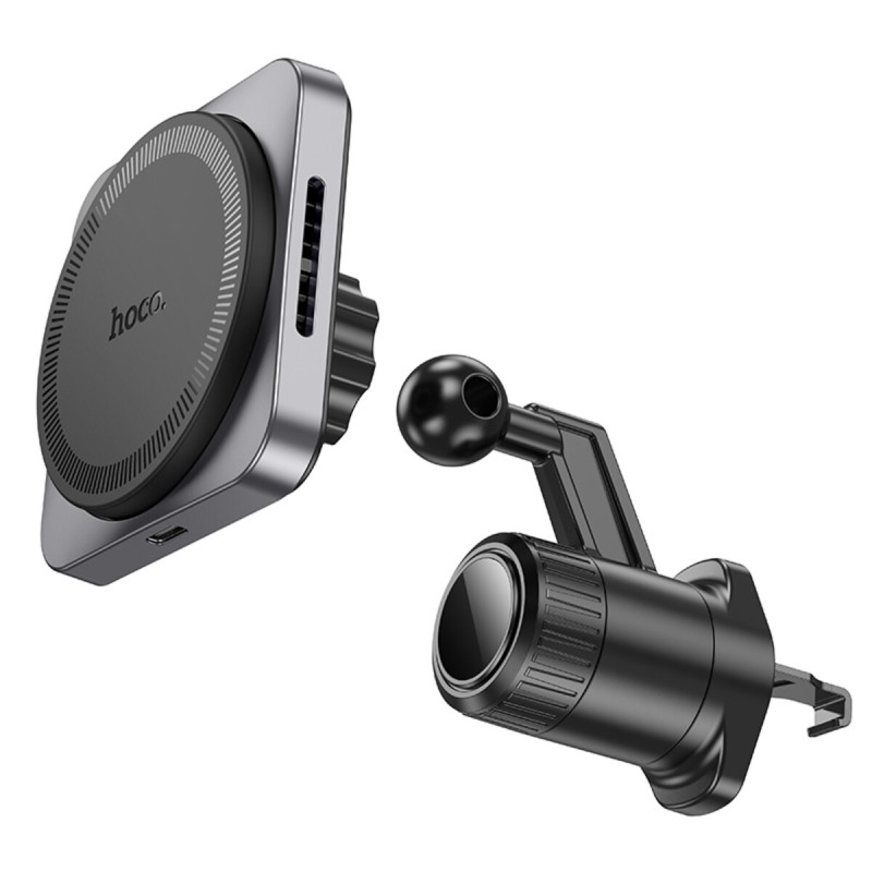 Тримач для мобiльного з БЗП HOCO HW15 Speed magnetic wireless fast charging car holder(air outlet) Black Metal Gray (6942007617635 )
