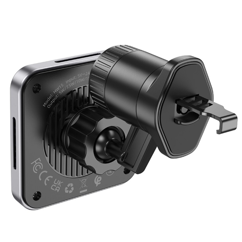 Тримач для мобiльного з БЗП HOCO HW15 Speed magnetic wireless fast charging car holder(air outlet) Black Metal Gray (6942007617635 )