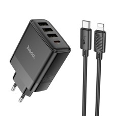 Мережевий зарядний пристрій HOCO C127A Intelligent four-port PD45W(1C3A) charger set(C to iP) Black (6942007607933 )
