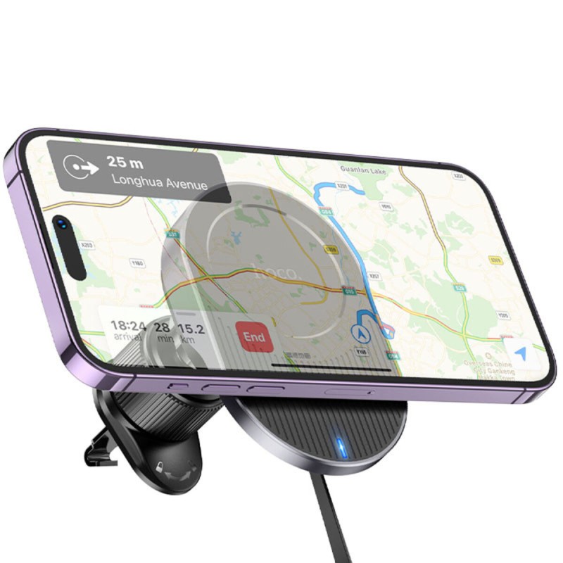 Тримач для мобільного з БЗП HOCO HW12 Guardian magnetic wireless fast charging car holder(air outlet) Black Gray (6942007613248)