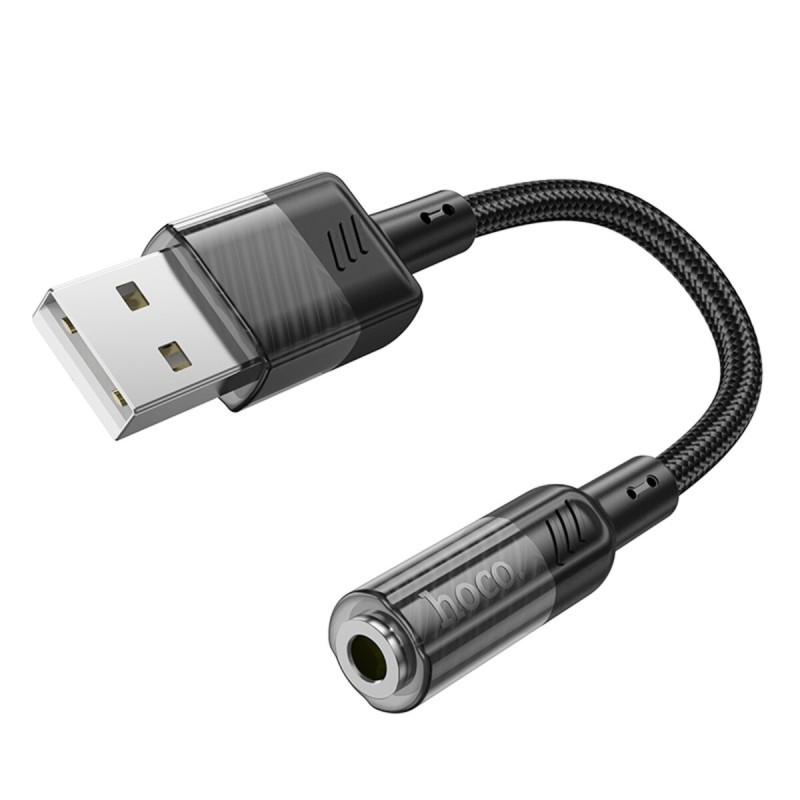 Аудiокабель HOCO LS37 Spirit transparent external sound card USB to 3.5mm Black (6942007612562)