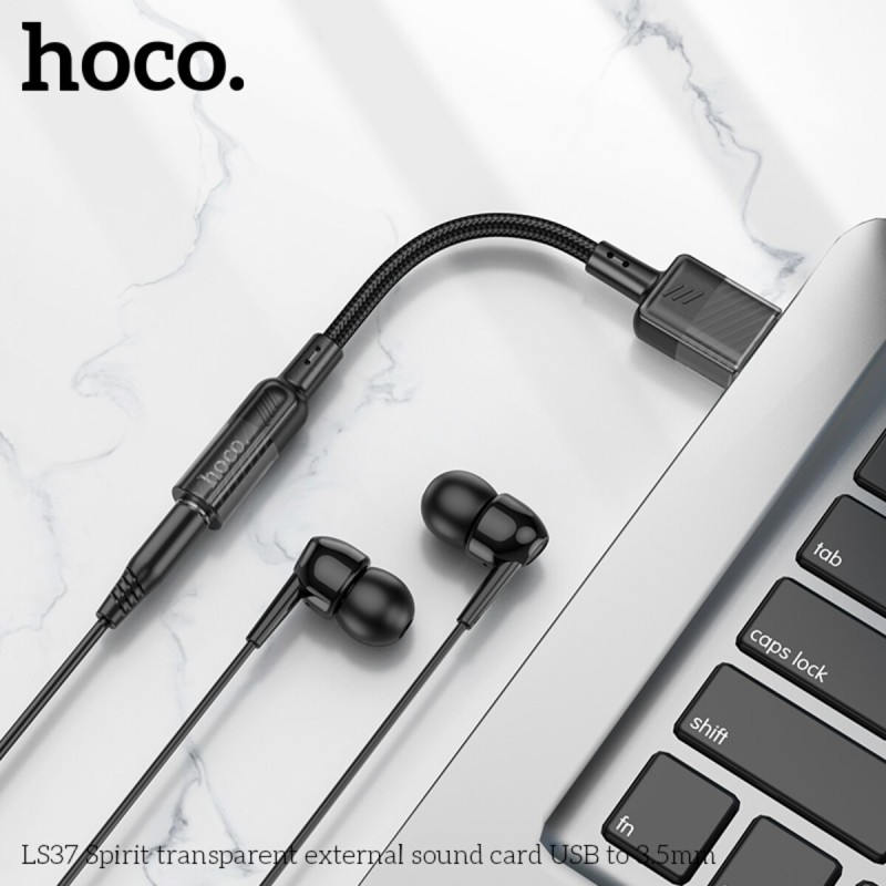Аудiокабель HOCO LS37 Spirit transparent external sound card USB to 3.5mm Black (6942007612562)