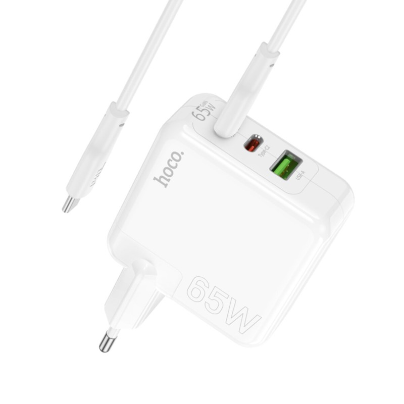 Мережевий зарядний пристрій HOCO C115A Header PD65W GaN  three-port(2C1A) charger set(Type-C to Type-C) White (6931474798329 )
