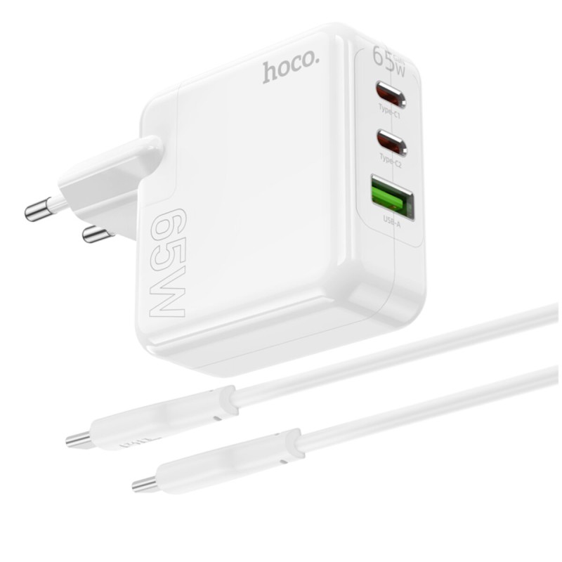 Мережевий зарядний пристрій HOCO C115A Header PD65W GaN  three-port(2C1A) charger set(Type-C to Type-C) White (6931474798329 )