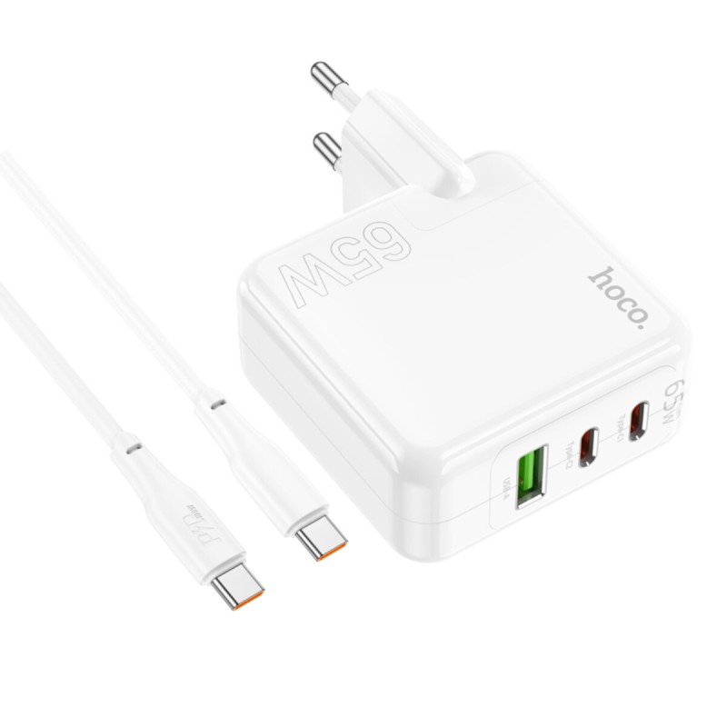 Мережевий зарядний пристрій HOCO C115A Header PD65W GaN  three-port(2C1A) charger set(Type-C to Type-C) White (6931474798329 )