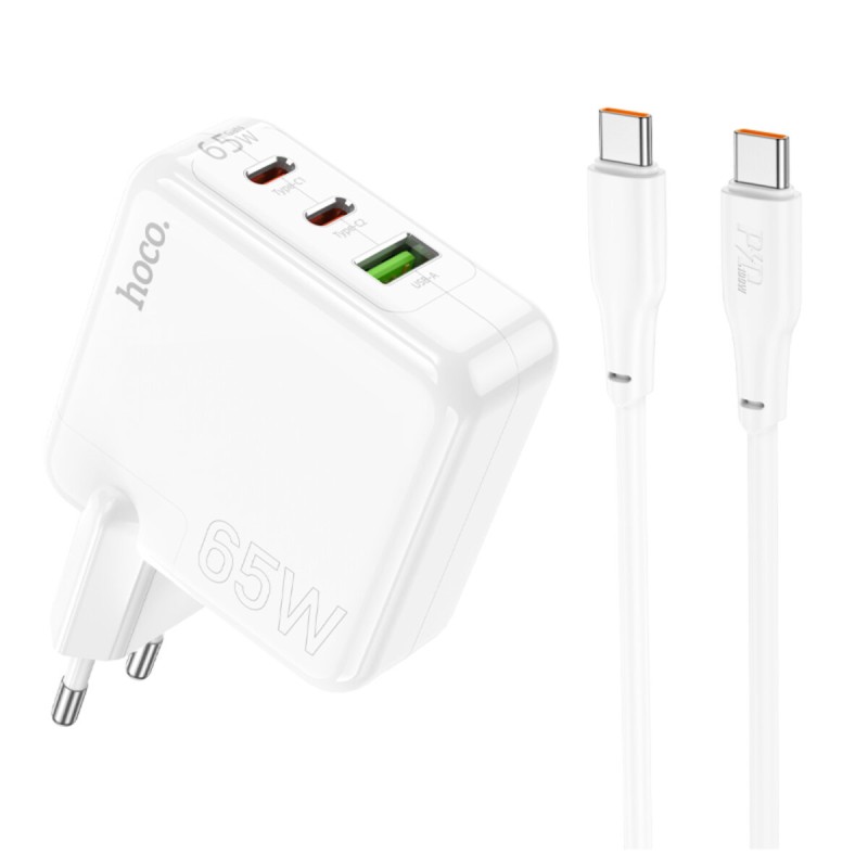 Мережевий зарядний пристрій HOCO C115A Header PD65W GaN  three-port(2C1A) charger set(Type-C to Type-C) White (6931474798329 )