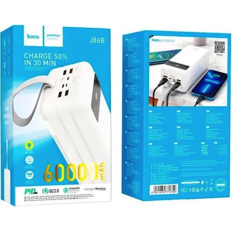 Зовнішній акумулятор HOCO J86B Electric 22.5W fully compatible power bank(60000mAh) White (6931474771759)