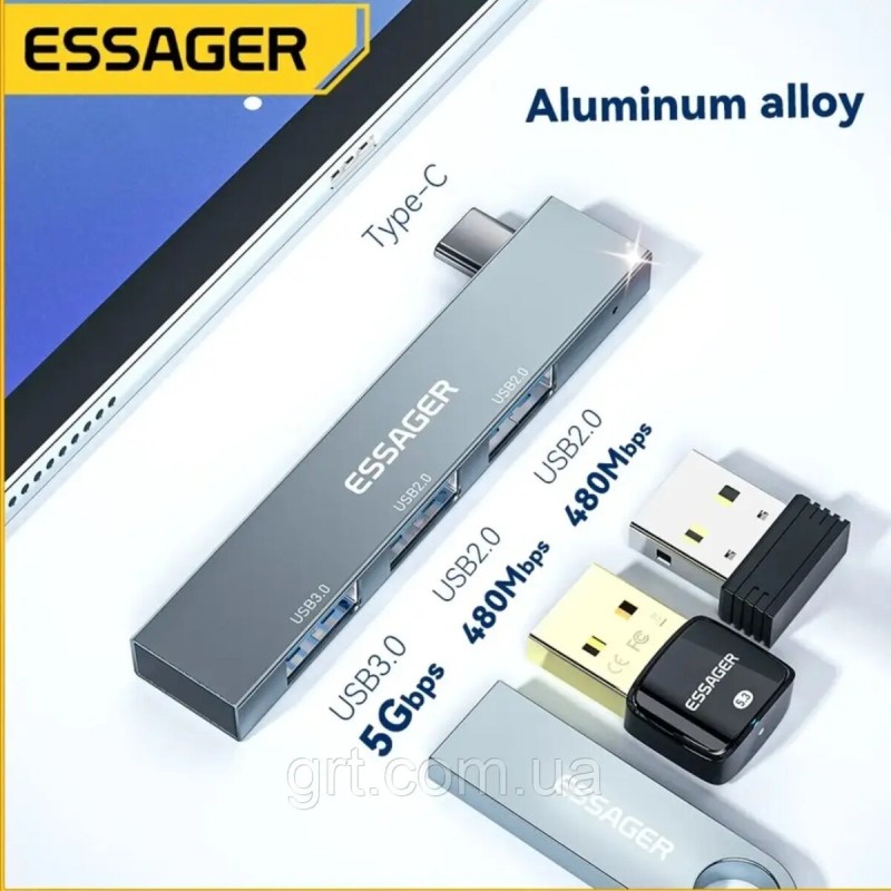 USB-hub ESSAGER (opp bag) Fengyang  3 in 1 Splitter Silver (EHBC03-FY10-P)