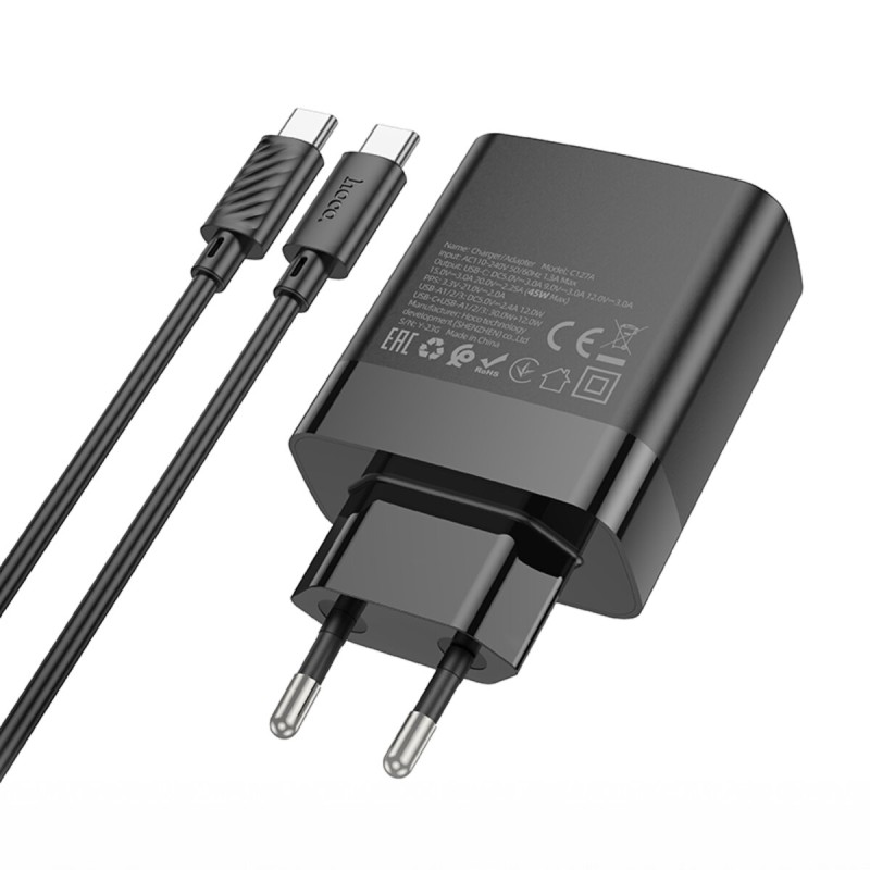 Мережевий зарядний пристрій HOCO C127A Intelligent four-port PD45W(1C3A) charger set(Type-C to Type-C) Black (6942007607940 )