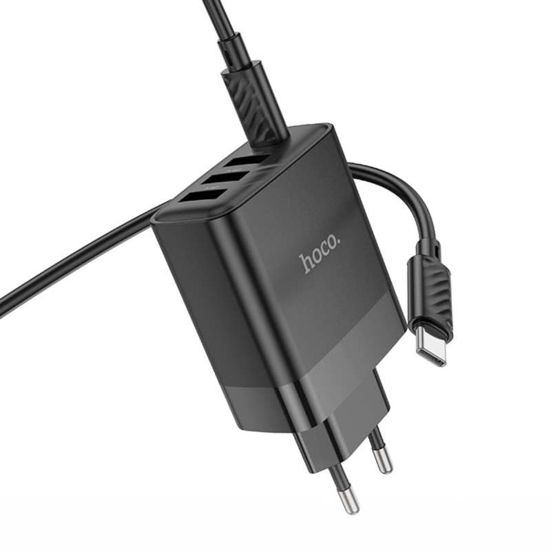 Мережевий зарядний пристрій HOCO C127A Intelligent four-port PD45W(1C3A) charger set(Type-C to Type-C) Black (6942007607940 )
