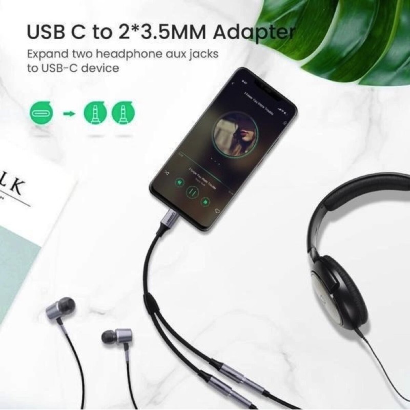 Перехідник UGREEN AV144 USB Type C Male to 3.5mm 2 Female Audio Cable Space Gray 25cm(UGR-30732) (UGR-30732)