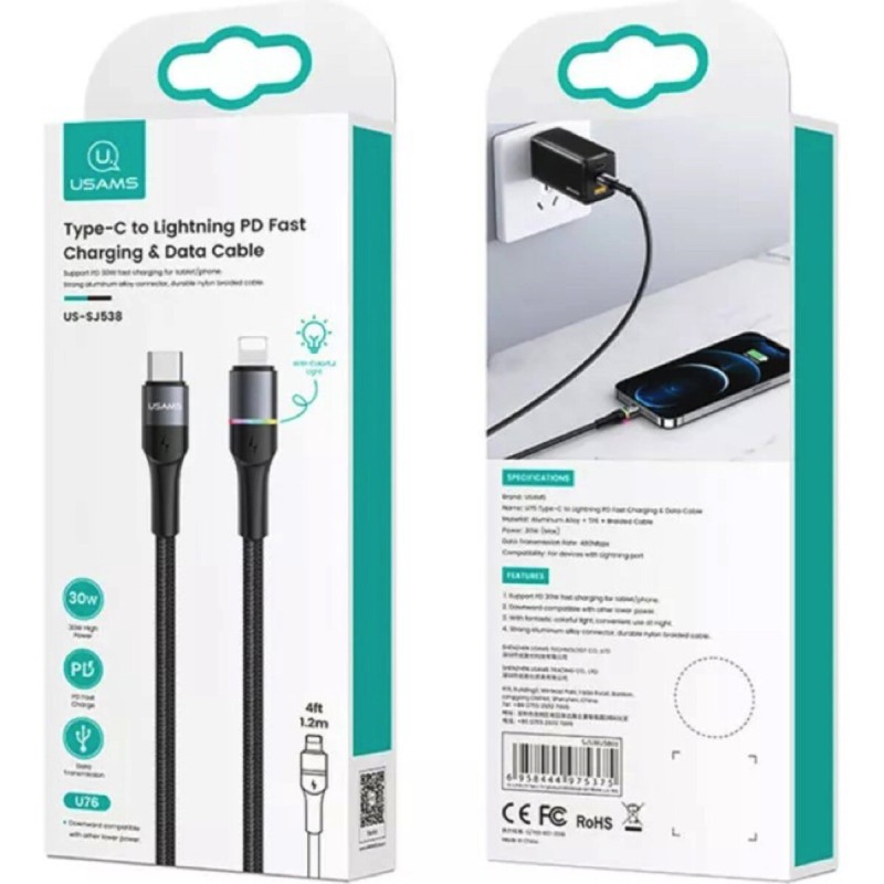 Кабель Usams US-SJ538 U76 Type-C to Lightning PD 20W Fast Charging & Data Cable 1.2m Black (SJ538USB01)