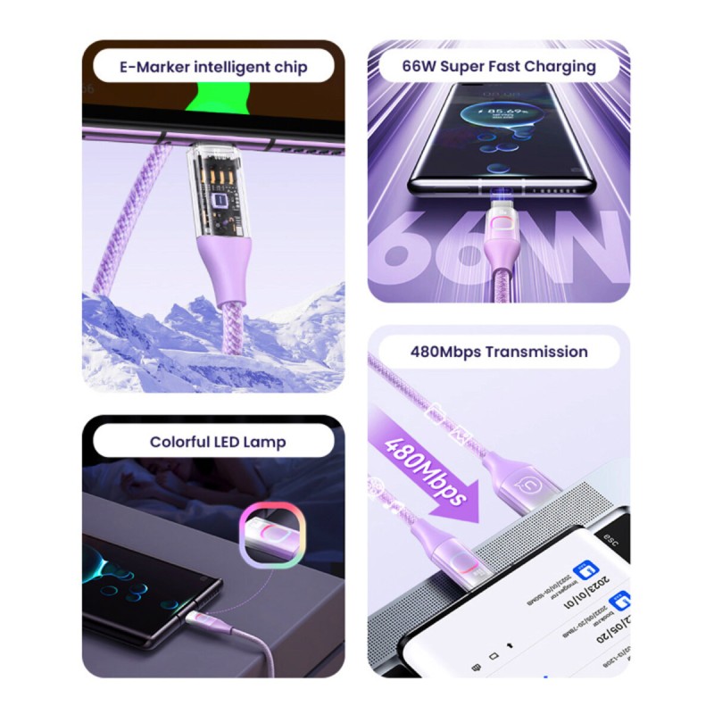 Кабель Usams US-SJ636 6A Type-C Fast Charging & Data Cable with Colorful Light --XM Series (SJ636USB01)