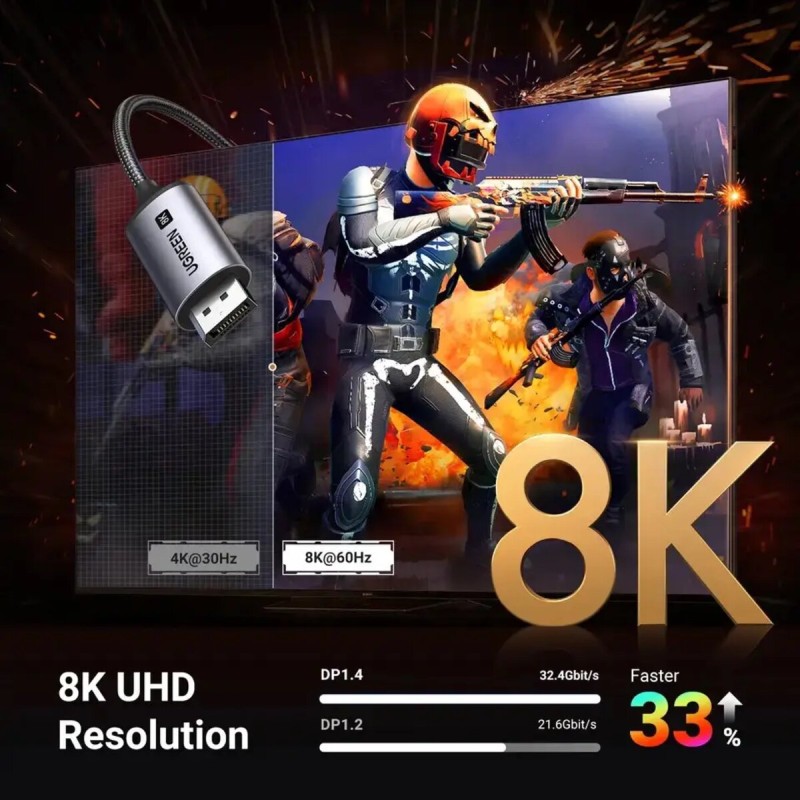 Кабель UGREEN CM556 USB-C to DisplayPort 8K Cable 1m(UGR-25157) (UGR-25157)