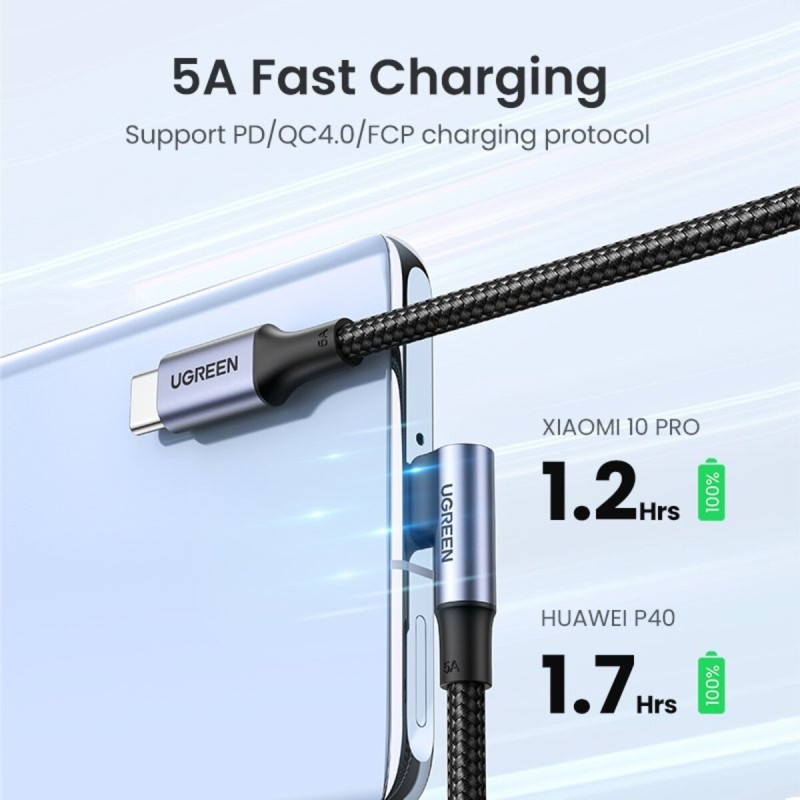 Кабель UGREEN US334 USB-C 2.0 to Angled USB-C M/M Cable Aluminium Shell with Braided 1m (Black)(UGR-70643) (UGR-70643)