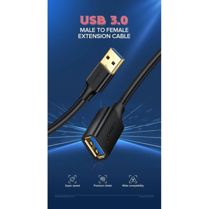 Подовжувач UGREEN US129 USB 3.0 Extension Male Cable 1.5m (Black)(UGR-30126) (UGR-30126)