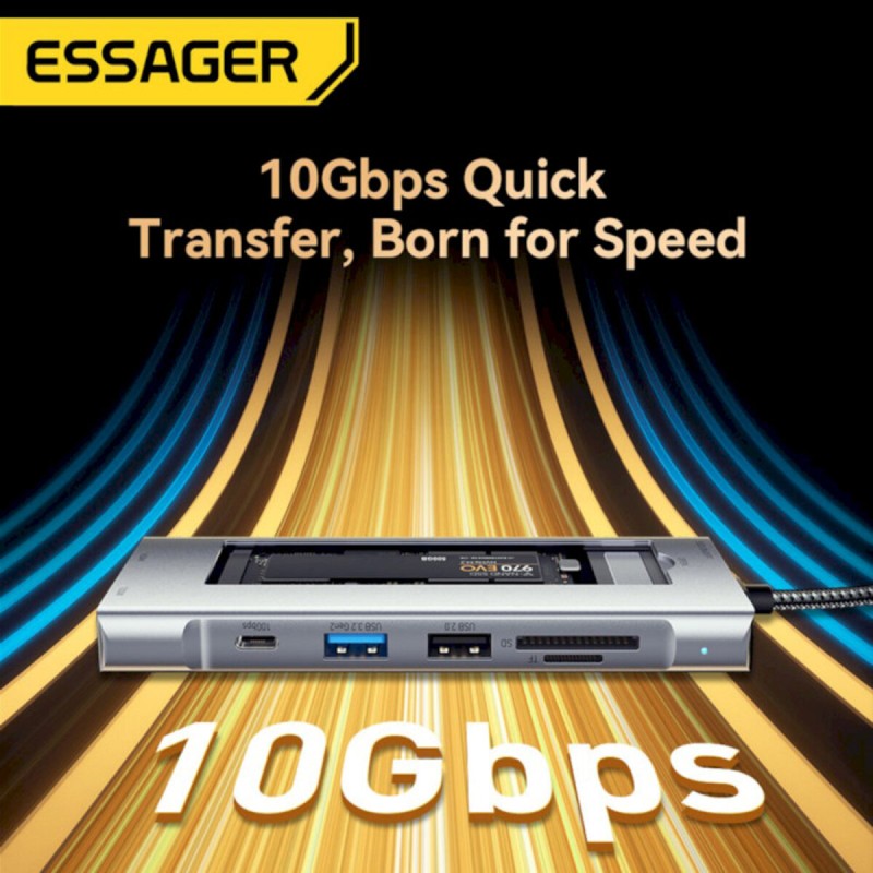 USB-hub ESSAGER QK The Universe 8 in 1 Laptop USB C HUB with 10Gbps External Hard Drive Function for M.2 PCIe NVMe and SATA SSD Grey (EHB08-QK0G-Z)