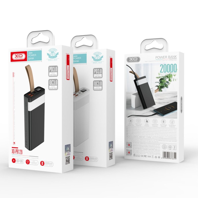 Зовнішній акумулятор XO PR129 20000mAh PD20W+USB QC 22.5W Black