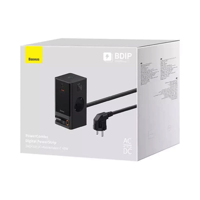 Мережевий зарядний пристрій Baseus PowerCombo Digital PowerStrip 2AC+1U+1C+Retractable-C 65W with 1.5m power cord EU Black (PSLR000301)