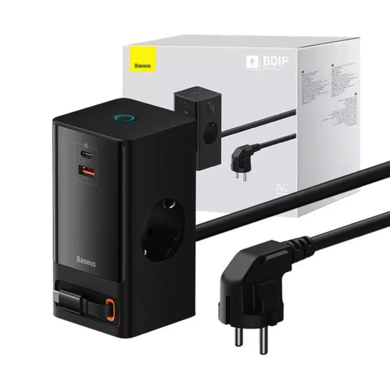 Мережевий зарядний пристрій Baseus PowerCombo Digital PowerStrip 2AC+1U+1C+Retractable-C 65W with 1.5m power cord EU Black (PSLR000301)