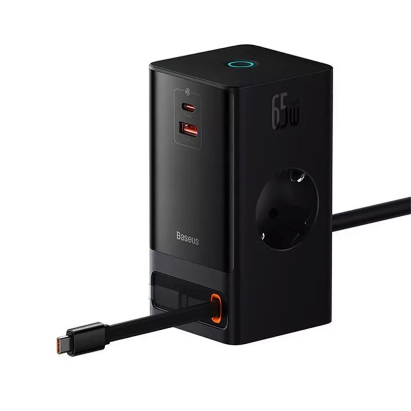 Мережевий зарядний пристрій Baseus PowerCombo Digital PowerStrip 2AC+1U+1C+Retractable-C 65W with 1.5m power cord EU Black (PSLR000301)