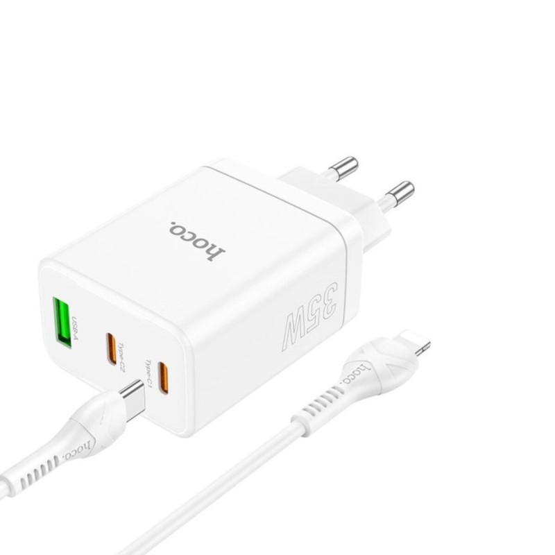 Мережевий зарядний пристрій HOCO N33 Start three-port PD35W(2C1A) charger set(C to iP) White (6931474795090)