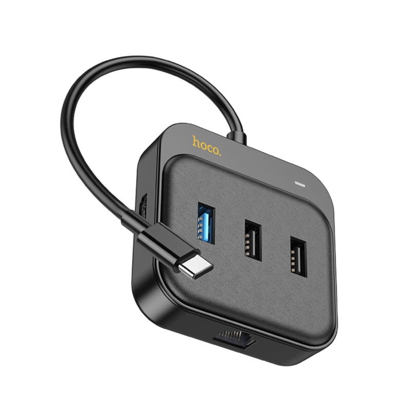Хаб HOCO HB37 Easy link 6-in-1 Multiport Adapter(HDTV+RJ45+USB3.0+USB2.0*2+PD100W) Black (6931474799029 )