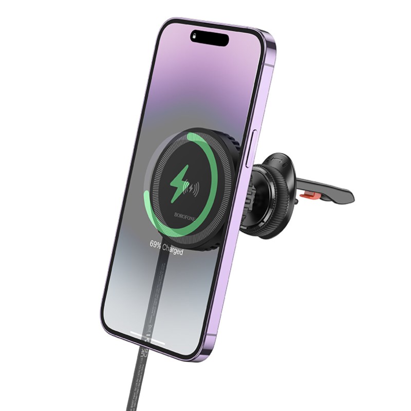 Тримач для мобiльного з БЗП BOROFONE BH207 Mona retractable magnetic wireless fast charging car holder(air outlet) Black (6941991108617)