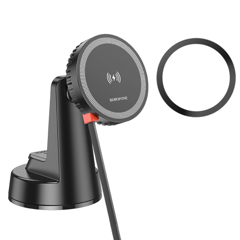 Тримач для мобiльного з БЗП BOROFONE BH208 Mona retractable magnetic wireless fast charging car holder(center console) Black (6941991108624)