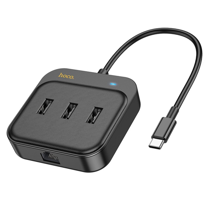 Хаб HOCO HB35 Easy link 4-in-1 100 Mbps Ethernet Adapter(Type-C to USB2.0*3+RJ45)(L=0.2M) Black (6931474798978 )