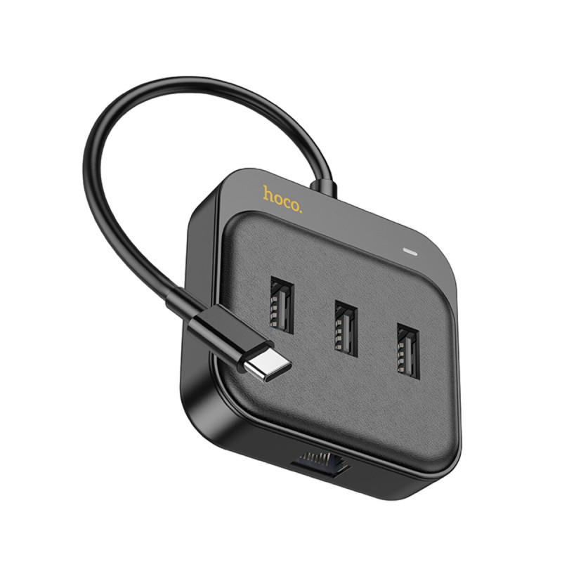 Хаб HOCO HB35 Easy link 4-in-1 100 Mbps Ethernet Adapter(Type-C to USB2.0*3+RJ45)(L=0.2M) Black (6931474798978 )