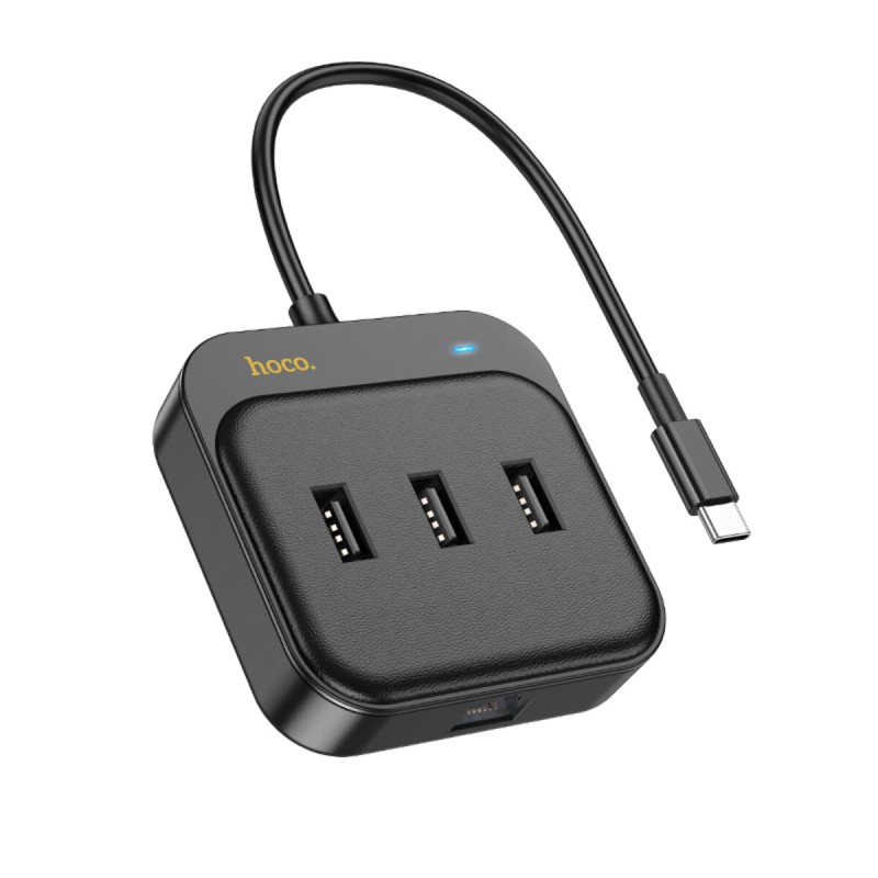 Хаб HOCO HB35 Easy link 4-in-1 100 Mbps Ethernet Adapter(Type-C to USB2.0*3+RJ45)(L=0.2M) Black (6931474798978 )