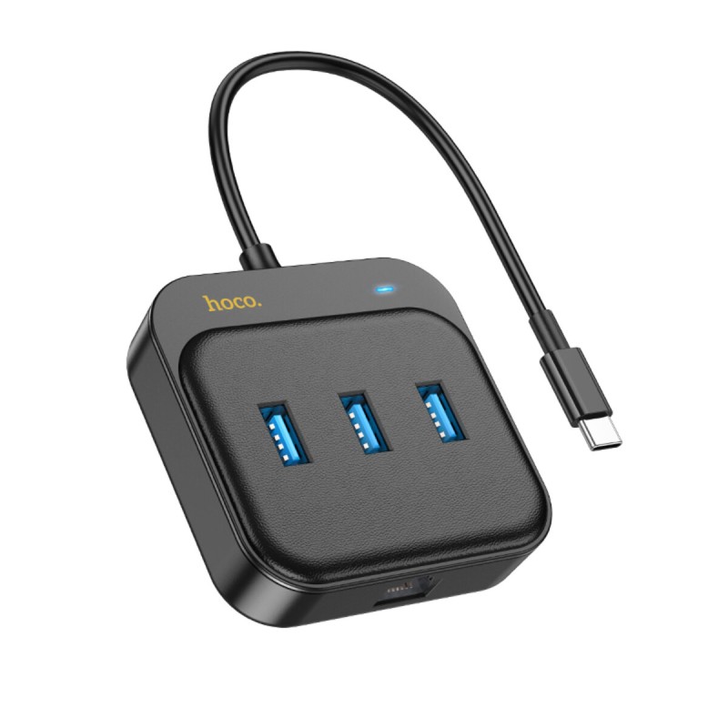 Хаб HOCO HB35 Easy link 4-in-1 Gigabit Ethernet Adapter(Type-C to USB3.0*3+RJ45)(L=0.2M) Black (6931474799005 )