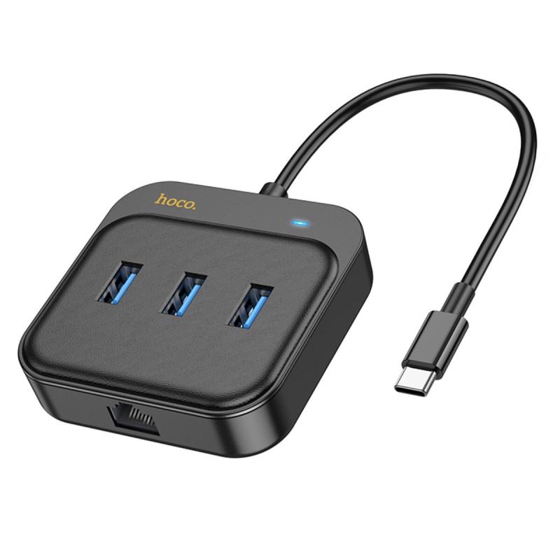 Хаб HOCO HB35 Easy link 4-in-1 Gigabit Ethernet Adapter(Type-C to USB3.0*3+RJ45)(L=0.2M) Black (6931474799005 )
