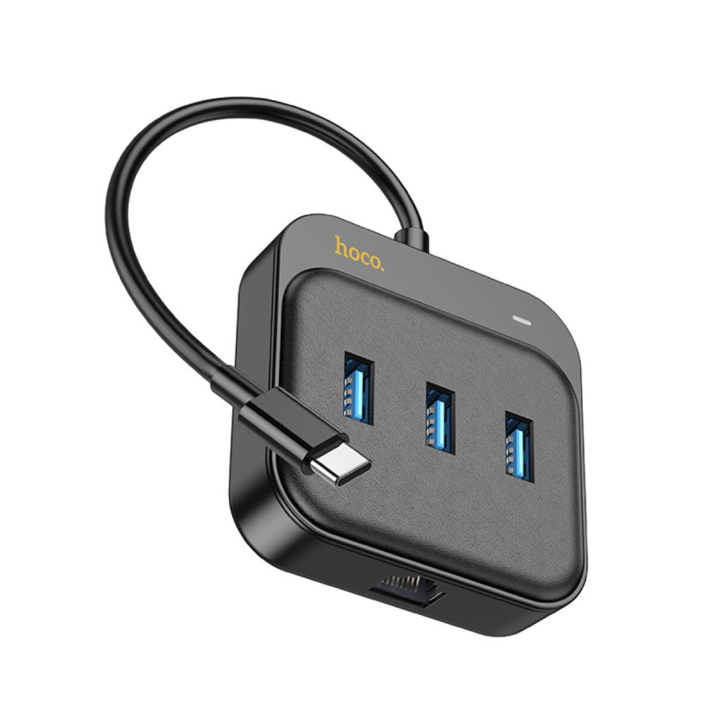 Хаб HOCO HB35 Easy link 4-in-1 Gigabit Ethernet Adapter(Type-C to USB3.0*3+RJ45)(L=0.2M) Black (6931474799005 )