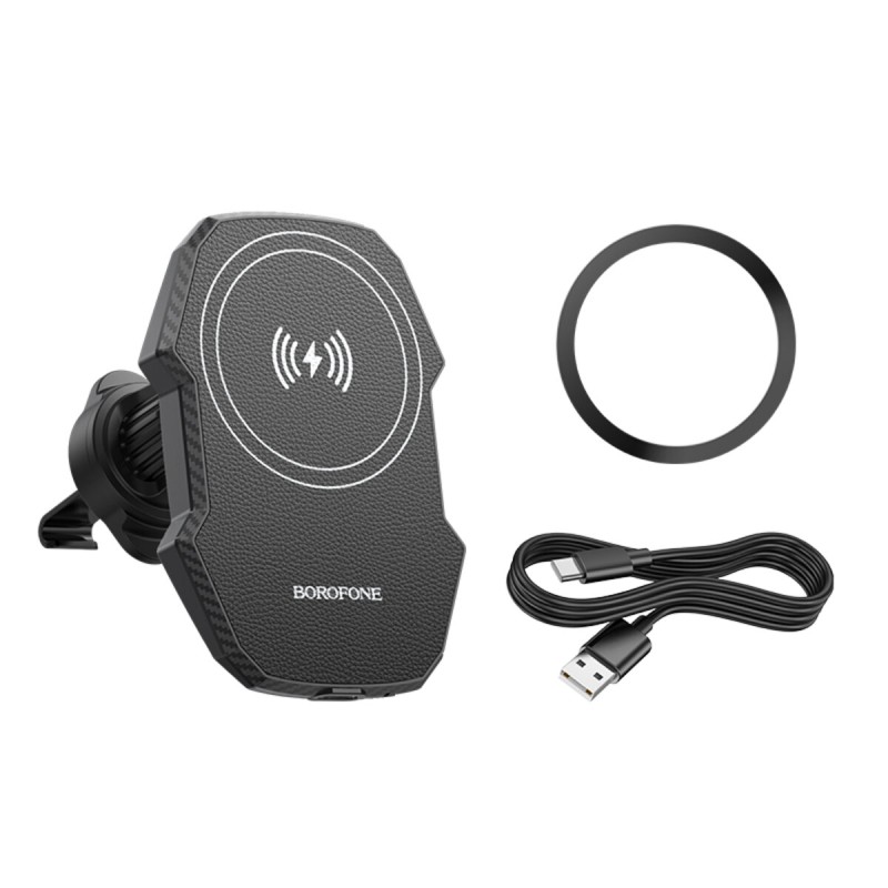 Тримач для мобiльного з БЗП BOROFONE BH215 Adelante magnetic wireless fast charging car holder(air outlet) Black (6941991109799)