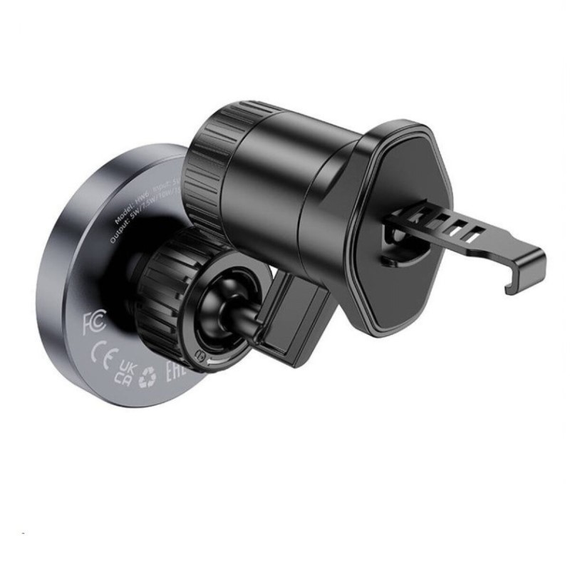 Тримач для мобільного з БЗП HOCO HW6 Vision metal magnetic wireless fast charging car holder(air outlet) Black (6942007606622)
