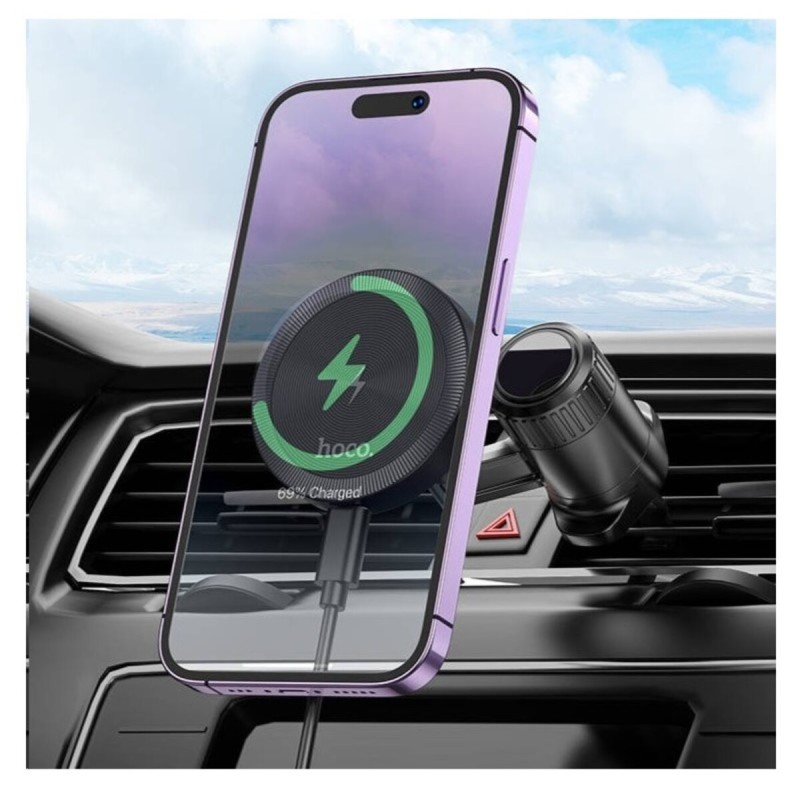 Тримач для мобільного з БЗП HOCO HW6 Vision metal magnetic wireless fast charging car holder(air outlet) Black (6942007606622)