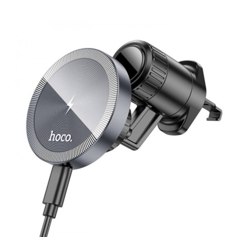 Тримач для мобільного з БЗП HOCO HW6 Vision metal magnetic wireless fast charging car holder(air outlet) Black (6942007606622)