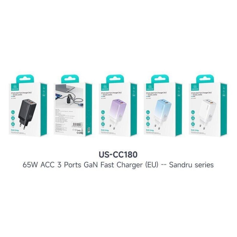 Мережевий зарядний пристрій Usams US-CC180 65W ACC 3 Ports GaN Fast Charger (EU) -- Sandru series White (CC180TC02)