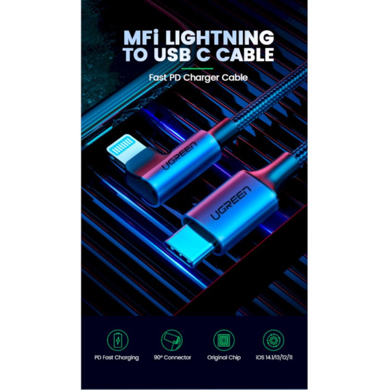 Кабель UGREEN US305 USB-C to Lightning Angled Cable Aluminum Shell Braided 1m(UGR-60763) (UGR-60763)