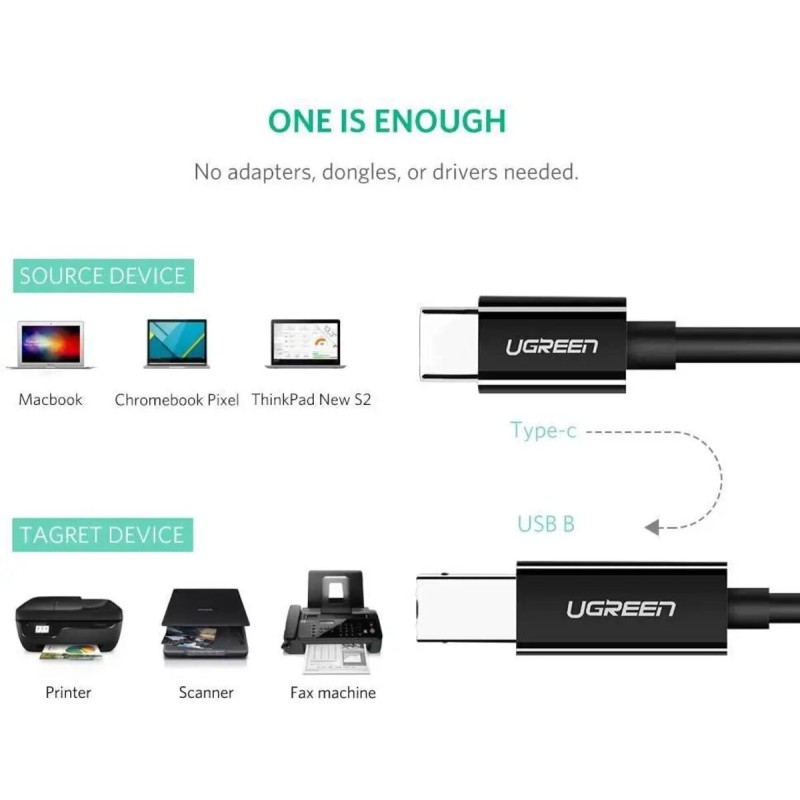 Кабель UGREEN US241 USB-C Male to USB-B 2.0 Male Printer Cable ABS Plastic Case 1m  (Black)(UGR-80811) (UGR-80811)