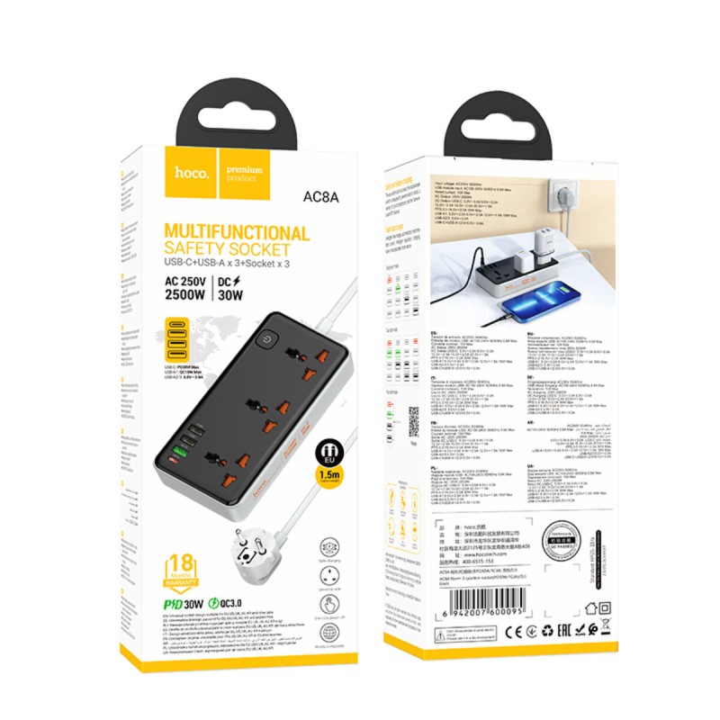 Мережевий подовжувач HOCO AC8A Storm 3-position socket(PD30W/1C3A) Black (6942007600095 )