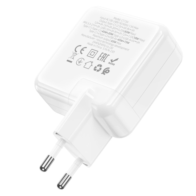 Мережевий зарядний пристрій HOCO C115A Header PD65W  GaN three-port(2C1A) charger White (6931474798312 )