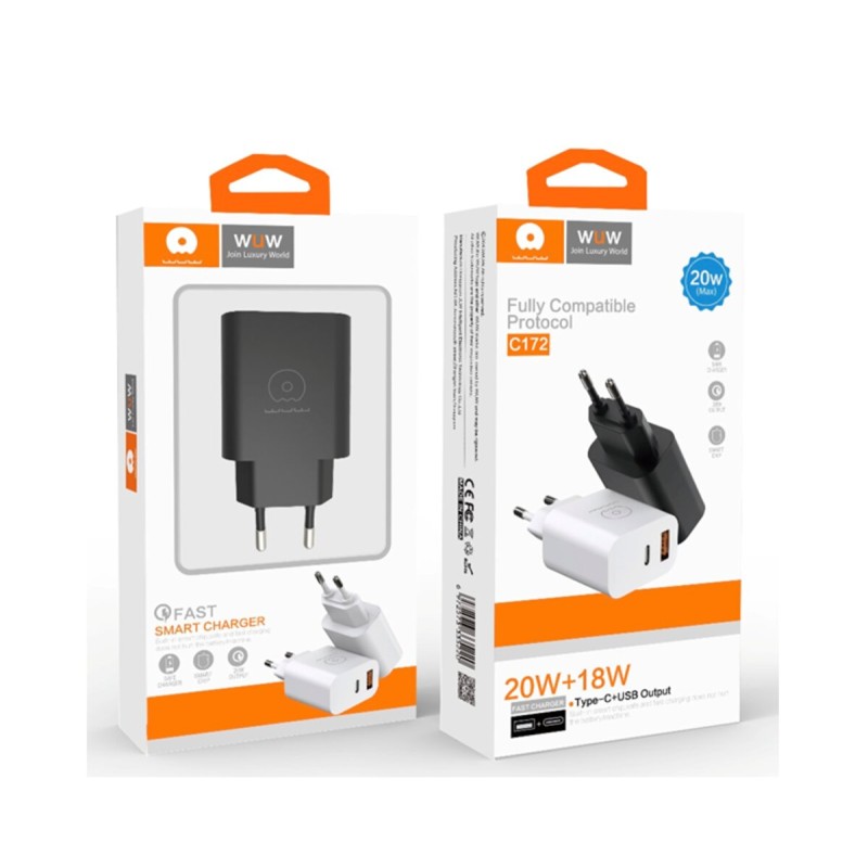 Зарядний пристрій WUW-C172 20W PD USB-C + USB QC3.0 18W white (6972573335381)