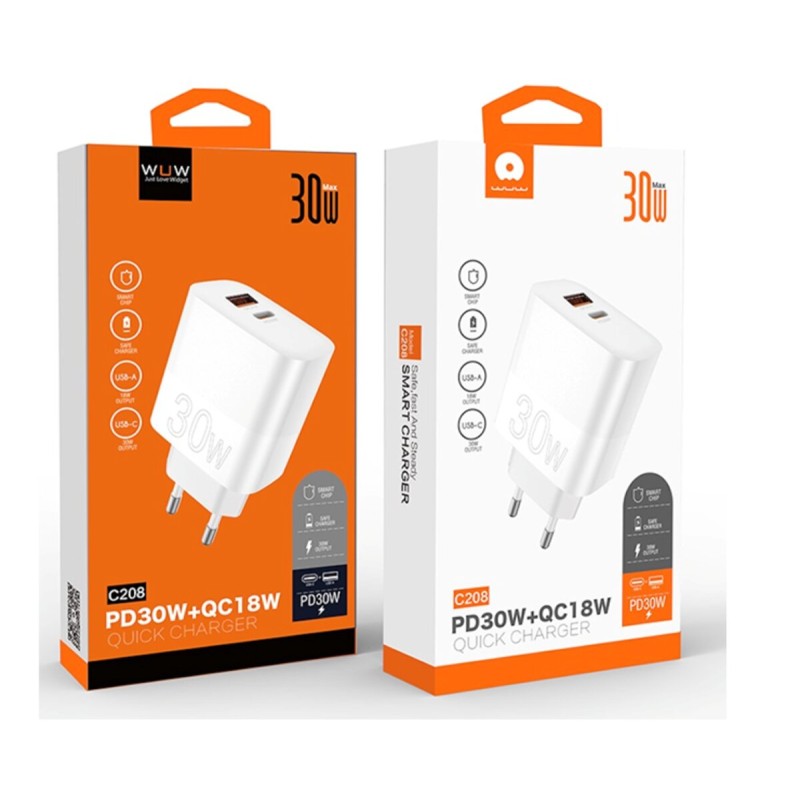 Зарядний пристрій WUW-C208 30W PD USB-C + USB QC3.0 18W white (6972573333417)