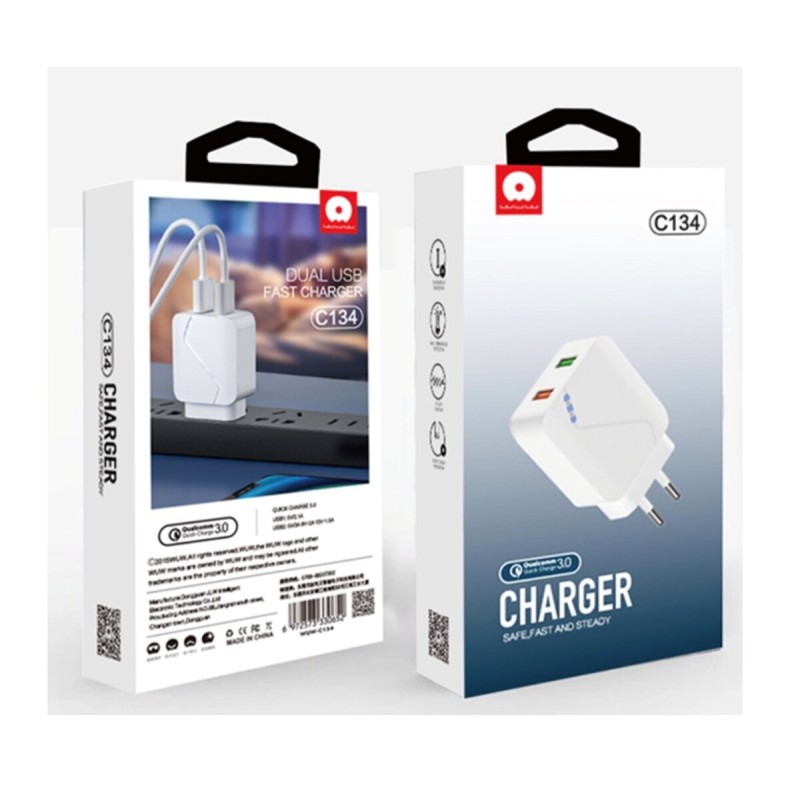 Зарядний пристрій WUW-C134 USB QC 3.0 +USB 2.1A white (6972573330652)
