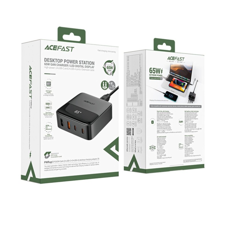 Мережевий зарядний пристрій ACEFAST Z6 PD65W GaN (2*USB-C+2*USB-A) desktop charging adapter Black (6974316283324)