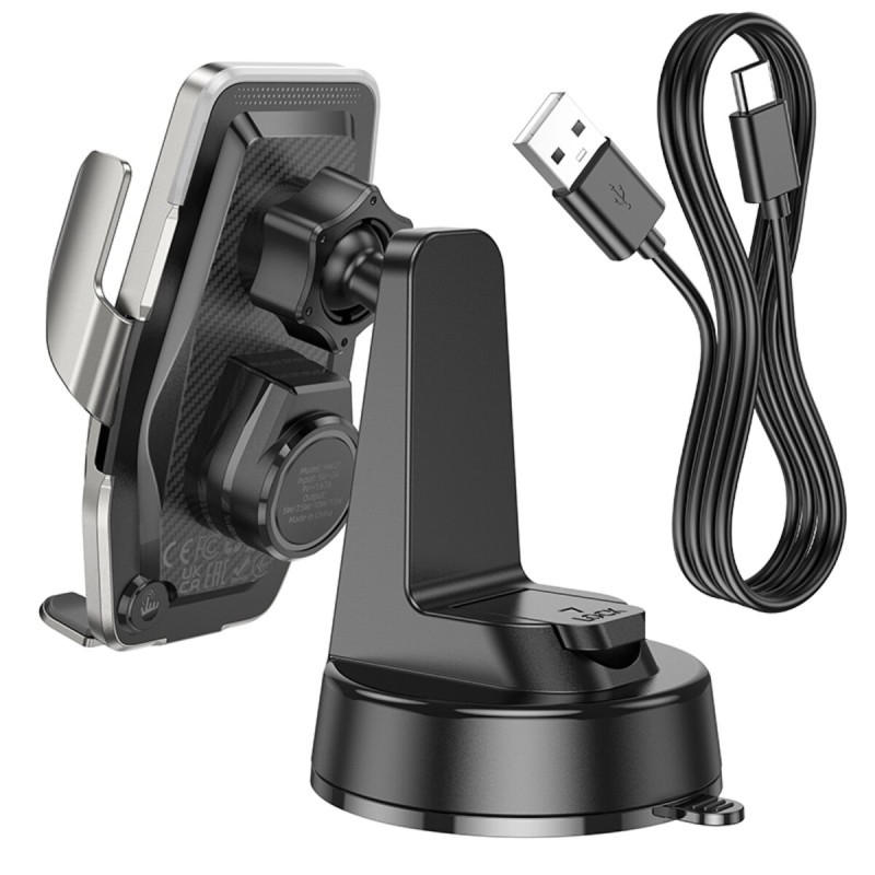 Тримач для мобільного з БЗП HOCO HW27 Traveler infrared RGB wireless fast charging car holder(center console) Black metal gray (6942007626361)