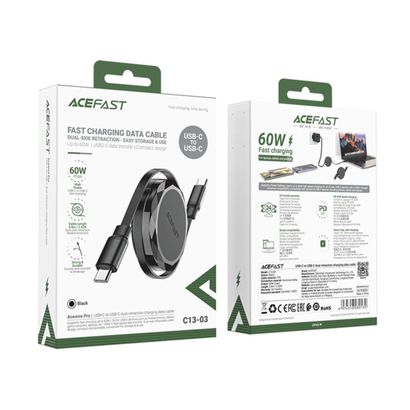 Кабель ACEFAST C13-03 USB-C to USB-C dual retraction charging data cable Black (6974316280132)